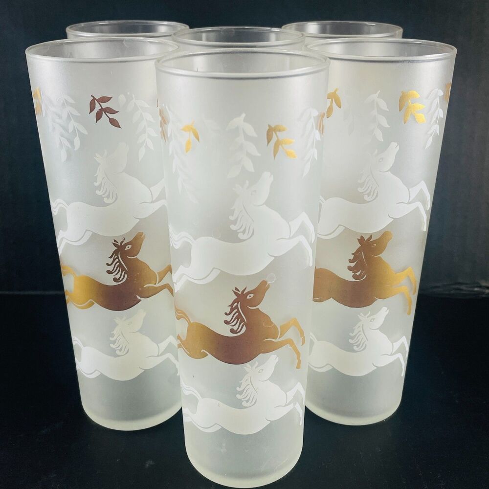 VTG Libbey CAVALCADE Collins Glasses Lot of 6 Prancing Horses Frosted Gold MCM